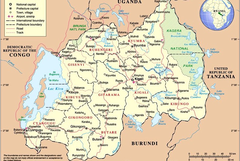 Мапа африканської країни Руанда.