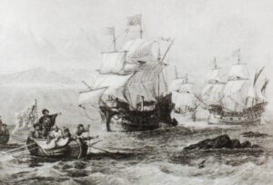 Кораблі Магеллана у протоці, яку згодом назвали його ім'ям.