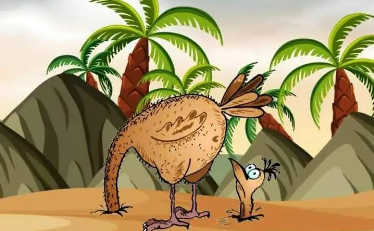 Карикатура на страуса, де він ховає голову в пісок