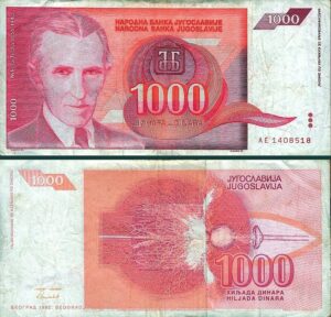 Югославська купюра в 1000 динарів 1992 року з зображеннями Ніколи Тесли